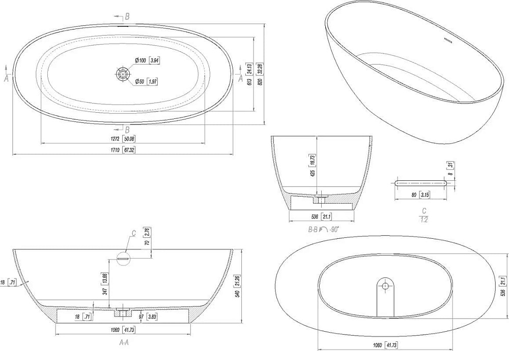 Ванна из искусственного камня Allen Brau Krion Oval 170x80 см, отдельностоящая, матовая белая, оваль