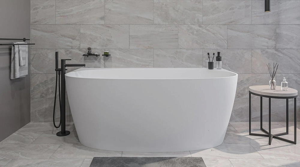 Ванна из искусственного камня WHITECROSS Pearl A 155x80 см, пристенная, матовая белая, овальная, с д