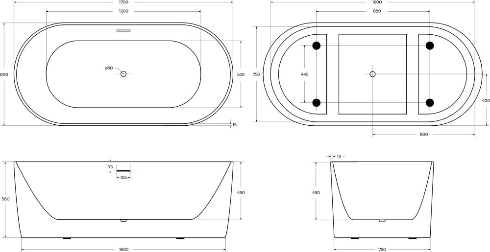 Акриловая ванна BelBagno 170x80 см, BB411-1700-800-MATT