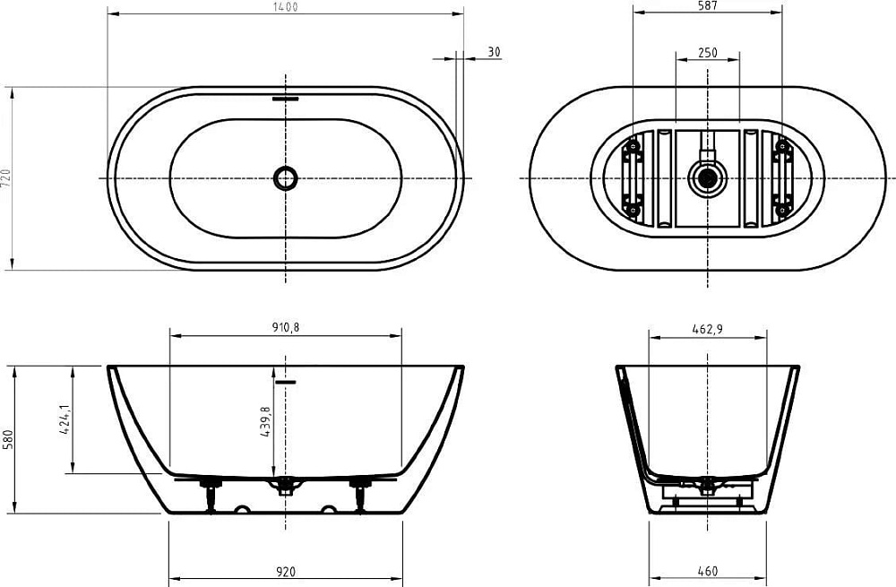 Акриловая ванна BelBagno Uno 140x70 см, BB701-1400-720-K
