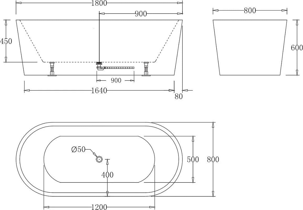Акриловая ванна BelBagno 180x80 см, BB71-1800-NERO-W0