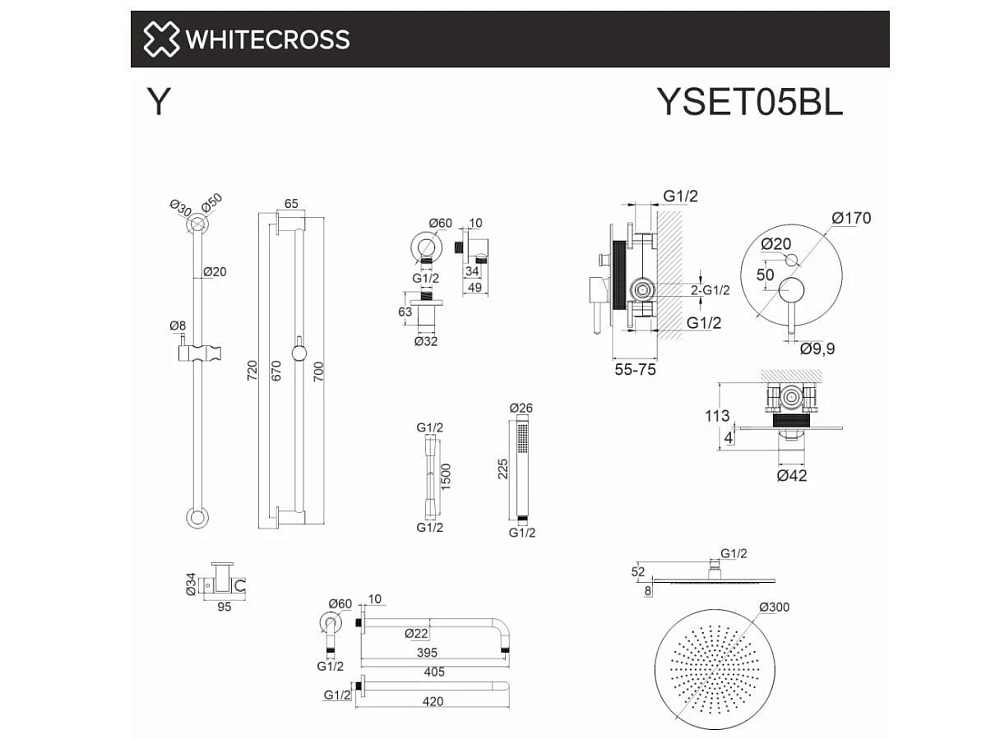 Душевой комплект WHITECROSS Y YSET05BL, С ВНУТРЕННЕЙ ЧАСТЬЮ, черный матовый