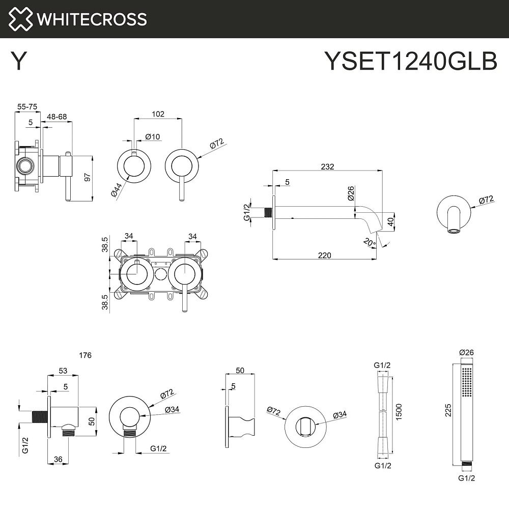 Встраиваемый смеситель для ванны WHITECROSS Y YSET1240GLB, С ВНУТРЕННЕЙ ЧАСТЬЮ, брашированное золото