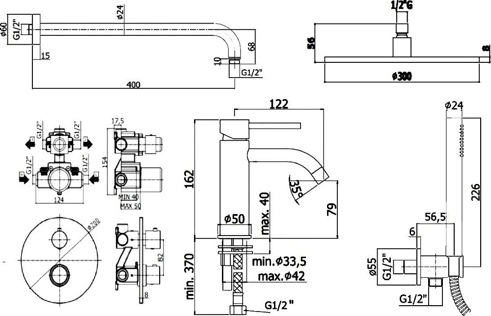 Комплект для ванной Paffoni Light KITLIQ018CR071KING С ВНУТРЕННЕЙ ЧАСТЬЮ, верхний душ 30 см, с термо