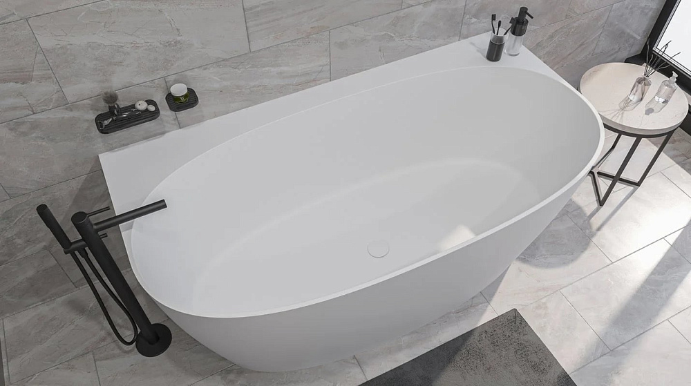 Ванна из искусственного камня WHITECROSS Pearl A 155x80 см, пристенная, матовая белая, овальная, с д