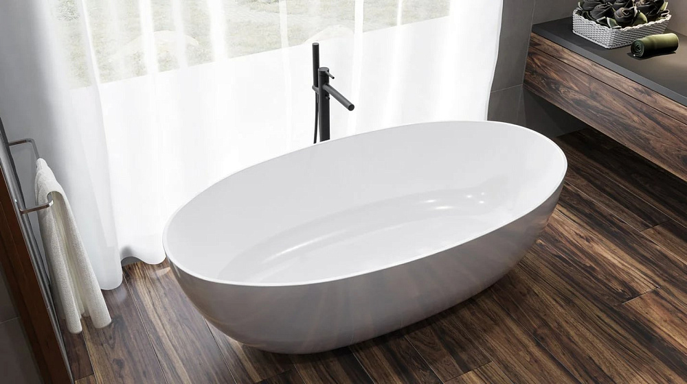 Ванна из искусственного камня WHITECROSS Diamond 170x85 см, отдельностоящая, белая, овальная, с донн