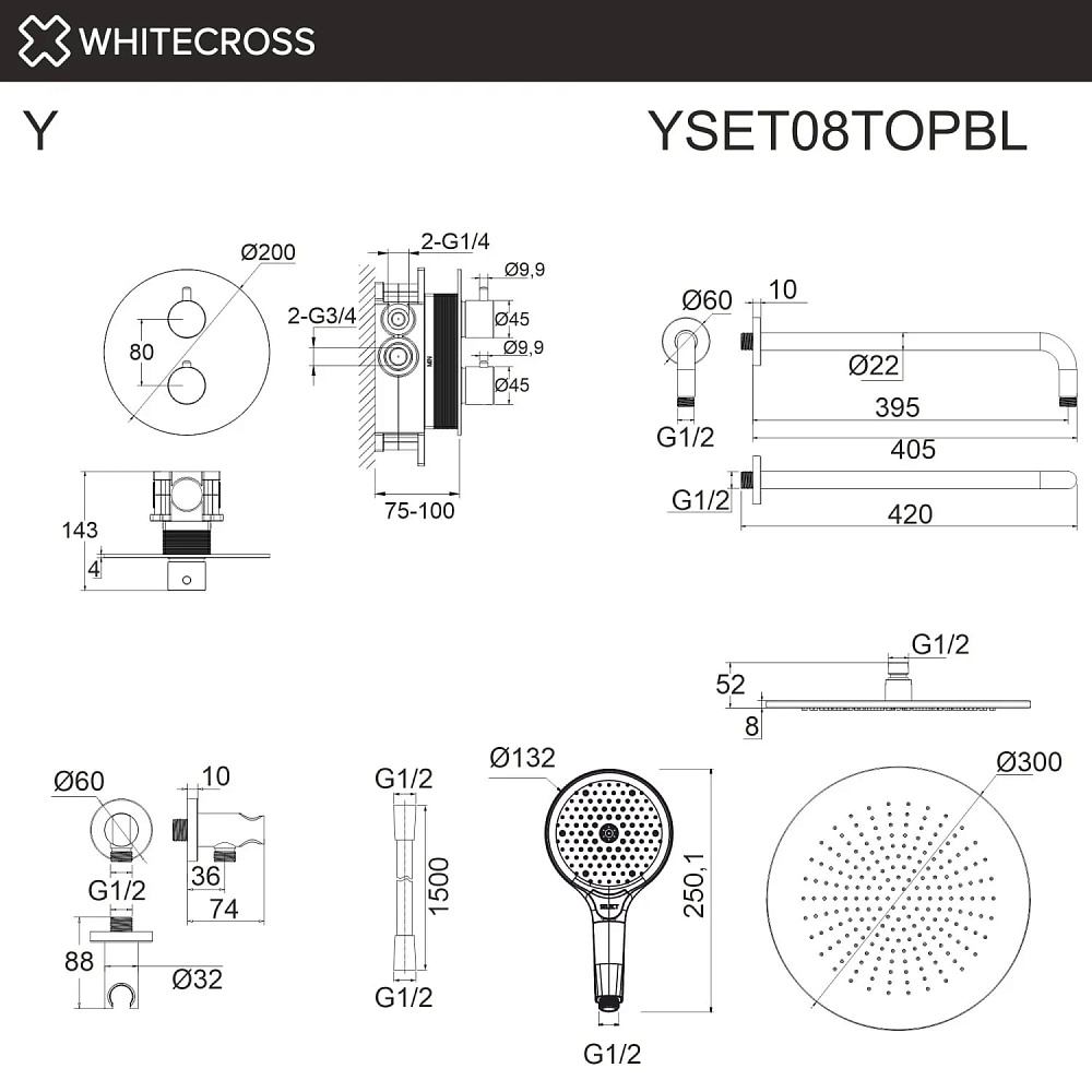 Душевой комплект WHITECROSS Y YSET08TOPBL, С ВНУТРЕННЕЙ ЧАСТЬЮ, черный матовый