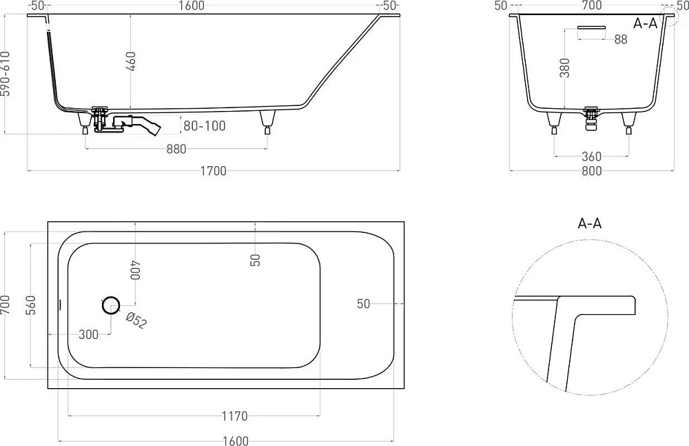 Ванна из искусственного камня Salini Orlanda Kit S-Sense 170x80 см, встраиваемая, белая, на ножках, 