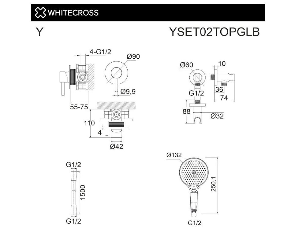 Душевой комплект WHITECROSS Y YSET02TOPGLB С ВНУТРЕННЕЙ ЧАСТЬЮ, брашированное золото