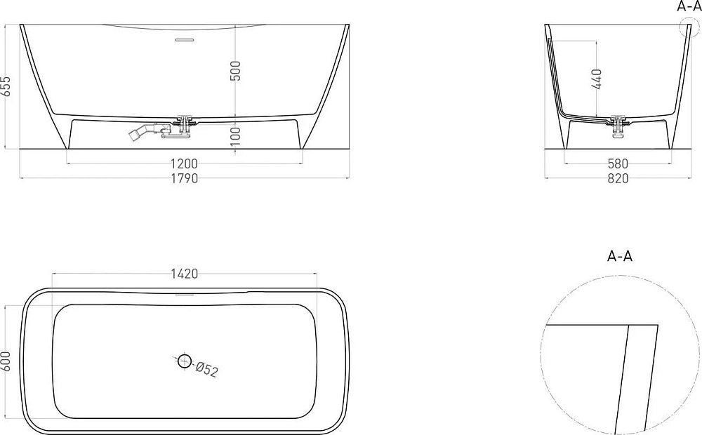 Ванна из искусственного камня Salini Agata S-Sense 180x80 см, отдельностоящая, белая, со сливом-пере