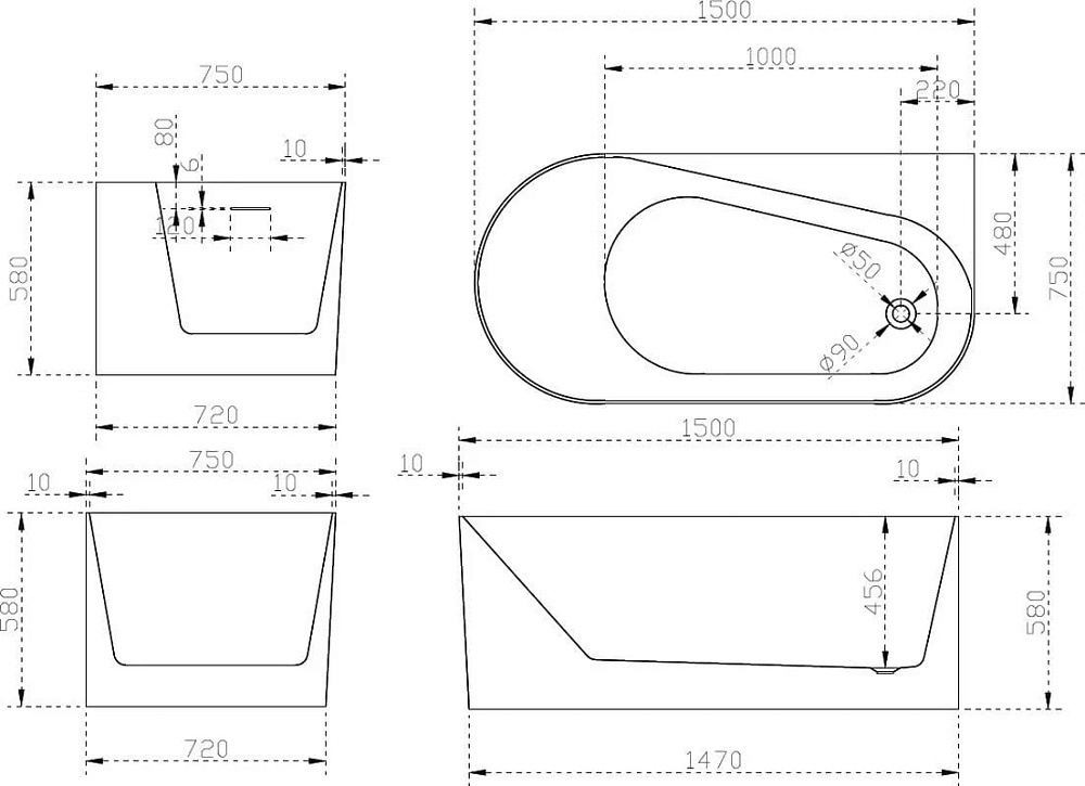 Акриловая ванна Abber 150x75 см, правая, AB9496-1.5 R