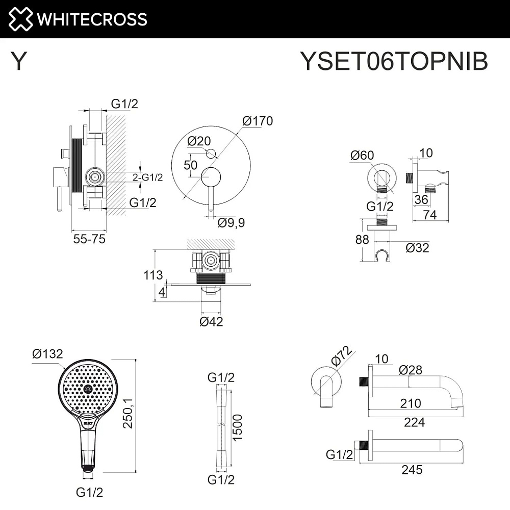 Душевой комплект WHITECROSS Y YSET06TOPNIB, С ВНУТРЕННЕЙ ЧАСТЬЮ, брашированный никель