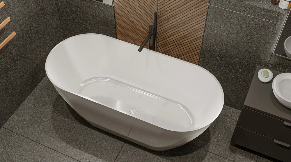Ванна из искусственного камня WHITECROSS Coral A 165x75 см, отдельностоящая, белая, овальная, с донн
