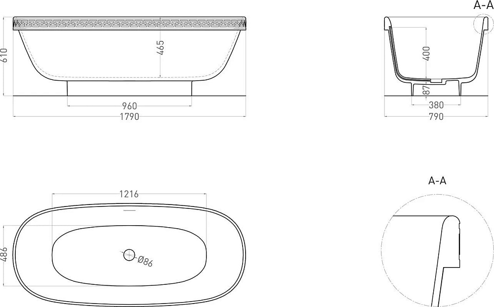 Ванна из искусственного камня Salini Greca Meander S-Stone 180x80 см, отдельностоящая, матовая белая