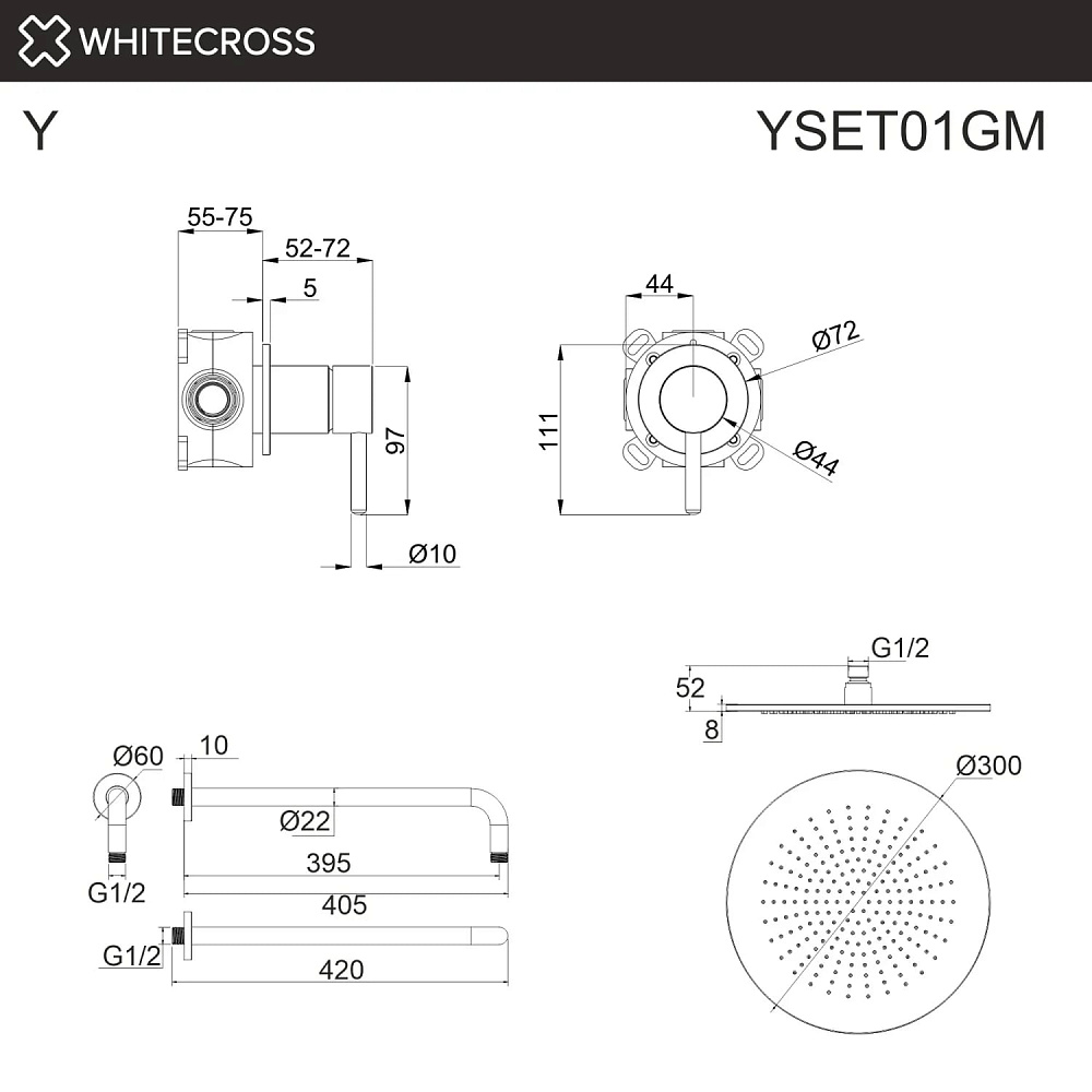 Душевой комплект WHITECROSS Y YSET01GM С ВНУТРЕННЕЙ ЧАСТЬЮ, оружейная сталь