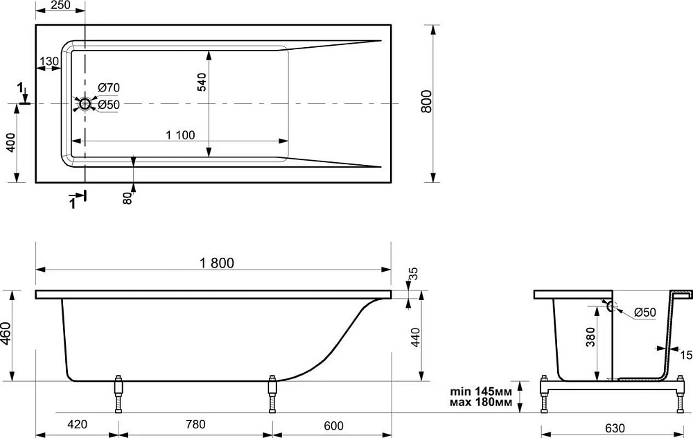 Ванна из искусственного камня Эстет Дельта 180x80 см, пристенная, на ножках