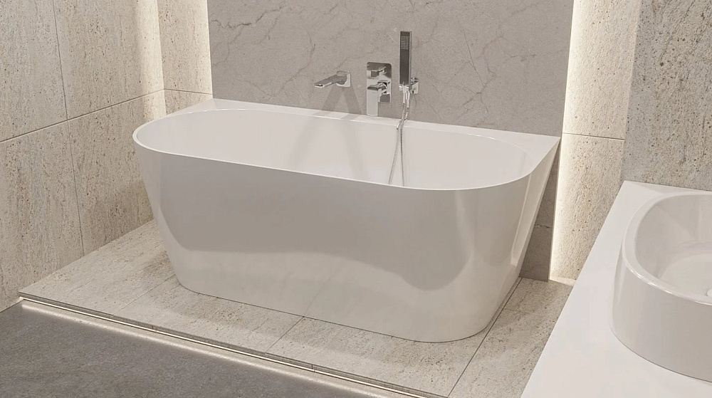 Ванна из искусственного камня WHITECROSS Pearl B 155x80 см, пристенная, белая, овальная, с донным кл