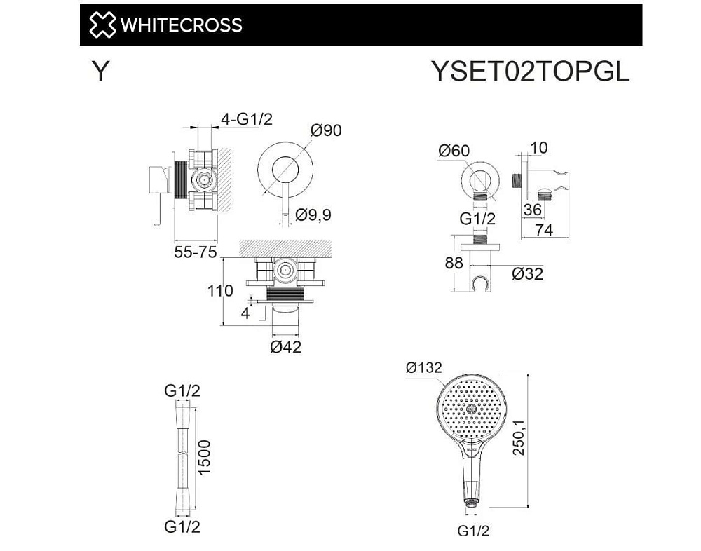 Душевой комплект WHITECROSS Y YSET02TOPGL С ВНУТРЕННЕЙ ЧАСТЬЮ, золото