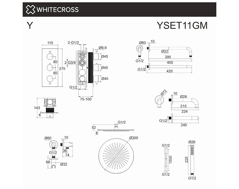 Душевой комплект WHITECROSS Y YSET11GM, С ВНУТРЕННЕЙ ЧАСТЬЮ, оружейная сталь