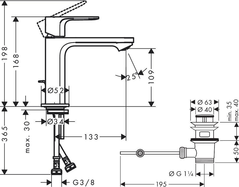 Смеситель для раковины Hansgrohe Rebris E 72557000 с донным клапаном, хром
